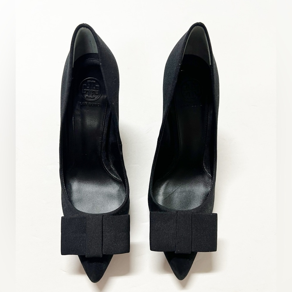 Tory Burch Aria Black Grosgrain Bow Suede Leather Pointed Toe Stiletto Heel 7M - Picture 4 of 13